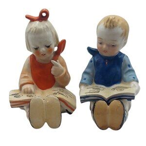 Vintage Hummel Style Ceramic Bookends Bookworm Boy Girl Figurines Japan MCM